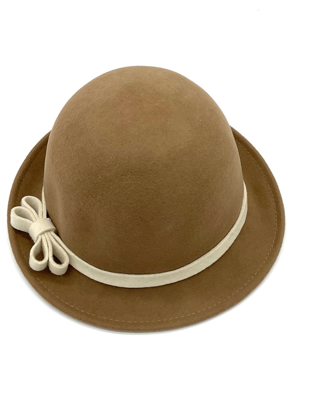 Adora Classic Bow Trim Wool Cloche Hat in Camel and Cream